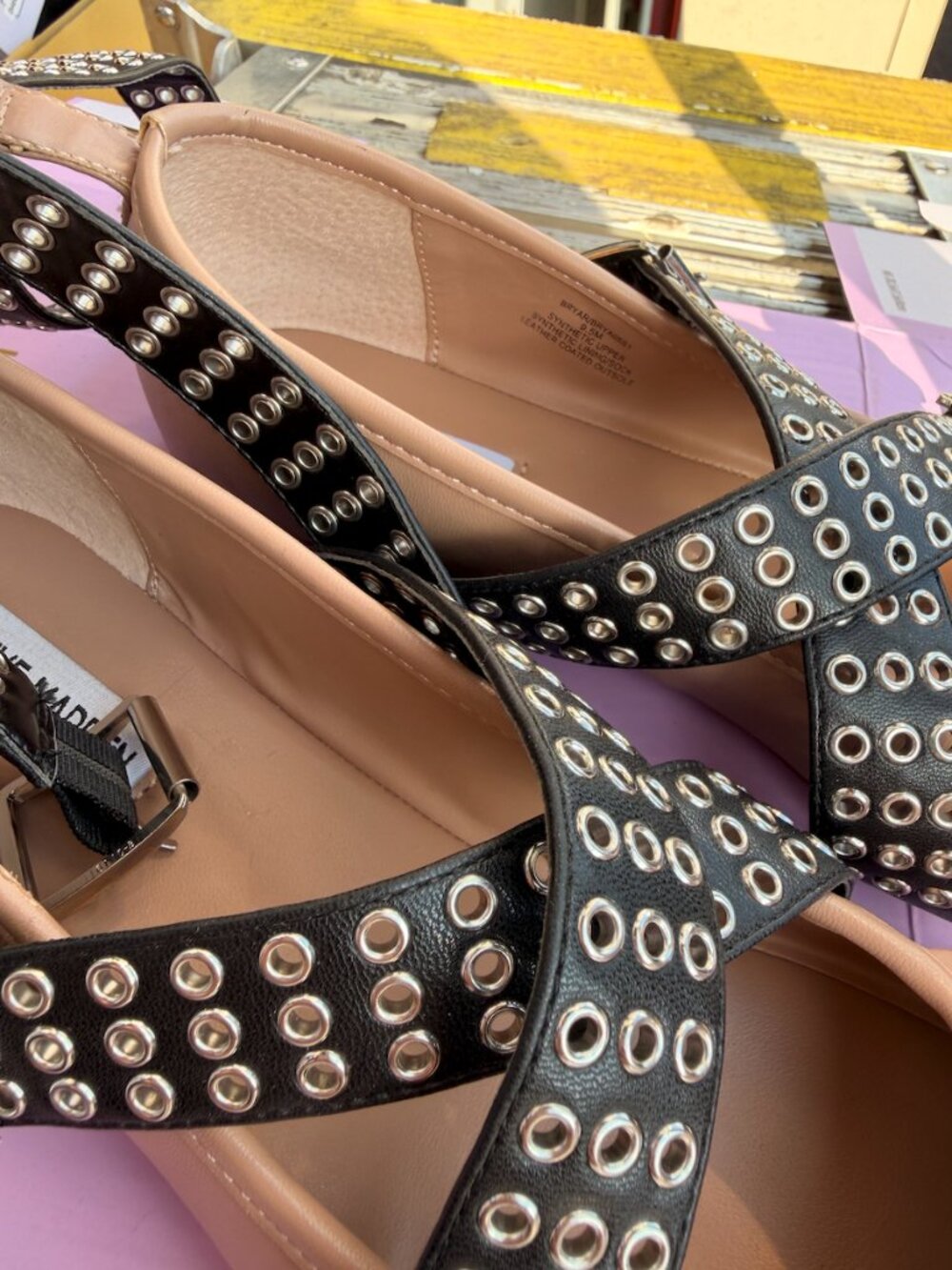 Steve Madden Blush Pink Flats with Black Studded Straps - Picture 3 of 3